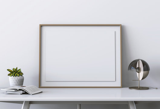 mock up poster frame on table in hipster interior living room. 3D render