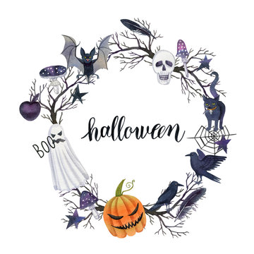 halloween decoration, halloween frame, element design, watercolor illustration, can be used as print, packaging design, textile, invitation, greeting card, element design, template. 