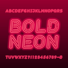 Neon lamp alphabet font. Neon color bold oblique letters, numbers and symbols. Stock vector typeface for your typography design.