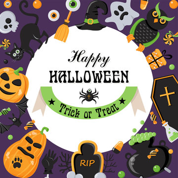 Vector background for Halloween party with various objects in a circle