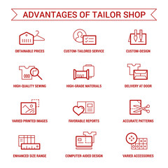 Advantages of tailor shop. Icons set. Thin and thik lines. Red on white.