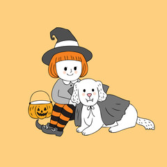 Cartoon cute Halloween witch girl and dog vector.