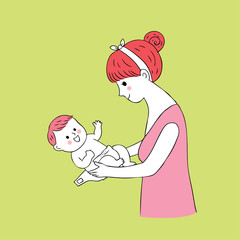 Cartoon cute mom and baby diaper vector.