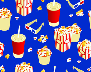 Seamless popcorn pattern in a cup soda and points on a blue background. Funny drawing in isometric 3D