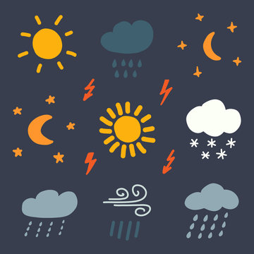 Doodle weather color icons. Hand drawing sign, logo, pictogram for mobile app and web design. Simple flat style. Pixel graphics. 