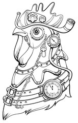 Cock head steampunk style symbol of time. Coloring book