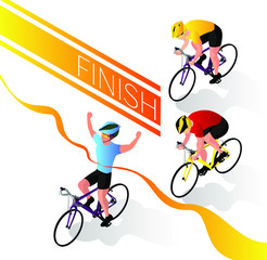 Bicycle competition. Race for road cyclists. Three finalists on a white background. The winner tears the ribbon. Isometric 3d