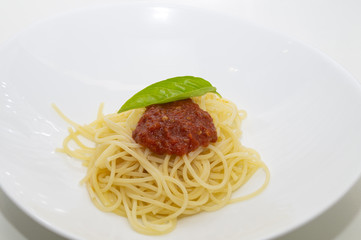 spaghetti with fresh tomato sauce and basil, italian food
