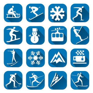 Winter sport icon with long shadow.
Set of blue winter sport icons with winter sport activities. Vector available. 