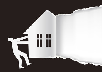 Real estate for sale promotion background.
Man ripped paper with house silhouette. Concept for Real estate for sale. Vector available. 