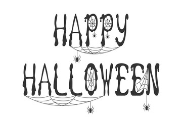 HAPPY HALLOWEEN lettering on white background. Spiders on cobweb. Vector.