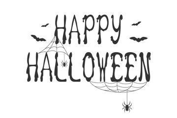 HAPPY HALLOWEEN lettering on white background. Flying bats and spiders on cobweb. Vector.