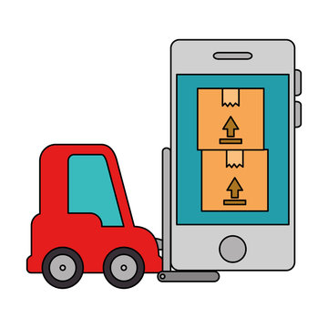 forklift vehicle with smartphone and boxes