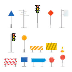 Traffic lights and road signs.