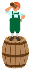 Red haired German leprechaun stands on wooden barrel and drinks beer