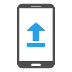 Smartphone with blue upload symbol on screen. Vector icon.