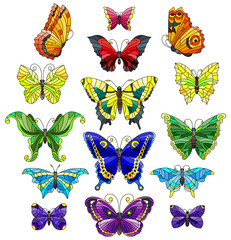 Fototapeta na wymiar Set of bright abstract butterflies in stained glass style, isolated on white background