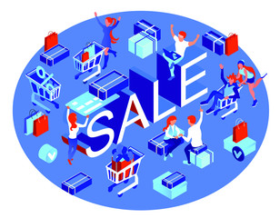 Fototapeta na wymiar Sale banner. Pleased people with shopping in the store and online store. Isometric 3d