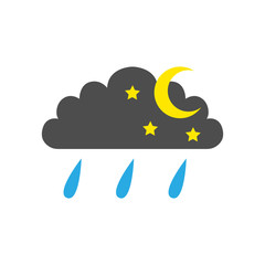 RAINY NIGHT symbol. CLOUD, HALF MOON, STARS and RAIN DROPS. Weather forecast icon. Vector.