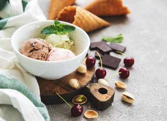set of ice cream scoops of different colors and flavours