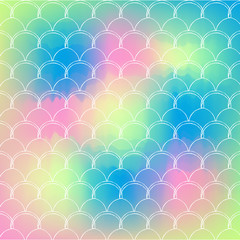 Fish skin on trendy gradient background. Square backdrop with fish skin ornament. Bright color transitions. Mermaid tail banner and invitation. Underwater and sea pattern. Rainbow colors.