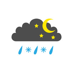 NIGHT SLEET symbol. CLOUD, HALF MOON, STARS, SNOWFLAKES and RAIN DROPS. Weather forecast icon. Vector.