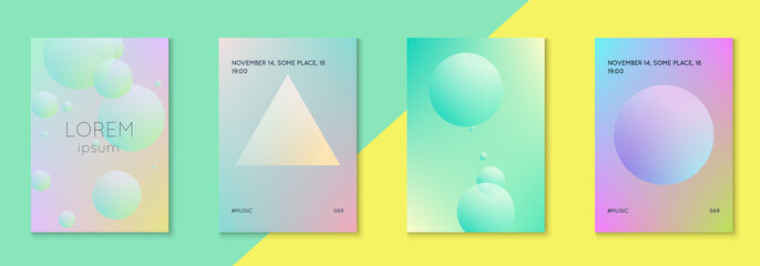 Minimal shapes cover set with holographic fluid. Gradient on vibrant background. Modern hipster template for placards, banners, flyers, report, brochure. Minimal shapes cover in neon colors.