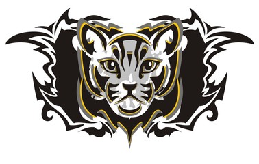 Closeup tribal cat head symbol. Ethnic striped cat face in black and gray tones ready for a tattoo, graphics on the vehicle, also for labels, stickers and T-shirt designs