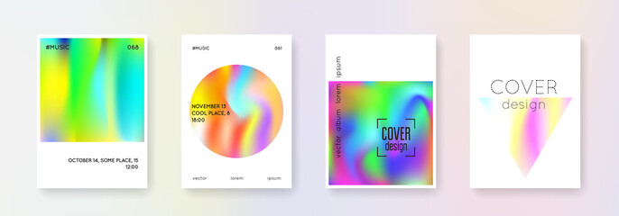 Holographic flyer set. Abstract backgrounds. Hipster holographic flyer with gradient mesh. 90s, 80s retro style. Pearlescent graphic template for brochure, banner, wallpaper, mobile screen