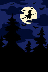 Silhouettes of witch flying on broomstick and bats. Full moon on the night forest background. Vector.
