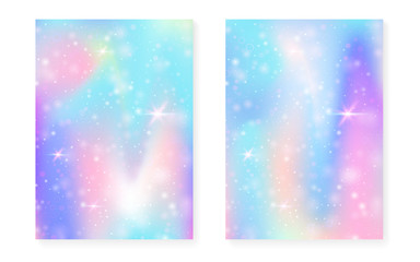 Princess background with kawaii rainbow gradient. Magic unicorn hologram. Holographic fairy set. Fluorescent fantasy cover. Princess background with sparkles and stars for cute girl party invitation.