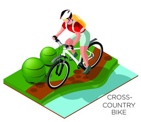 Illustration of riding a bike in a meadow beside the river or lake. Cyclist cross country. Isometric on a white background, 3d