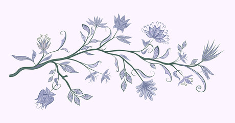 Branch with fantastic flowers. Vector vintage flowers on a white background.