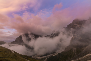 Dramatic clouds at sunset and beautiful light in the Dolomite Alps