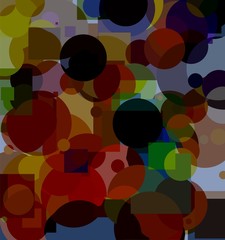 Abstract background texture of chaotically arranged colored elements of geometric shapes in the circumference of circles and squares