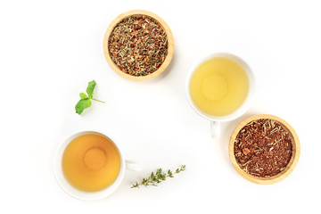 An overhead photo of tea, on a white background with copy space