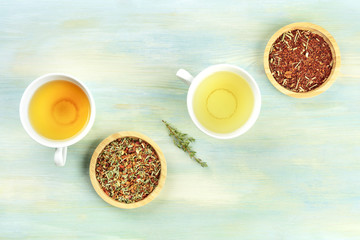 An overhead photo of tea, on a teal background with copy space