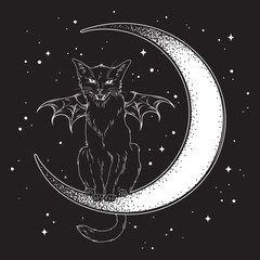 Black cat with bat wings sitting on the crescent moon isolated line art and dotwork vector illustration. Witches familiar spirit animal, gothic style card or poster design.