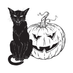 Black cat sitting with halloween pumpkin isolated over white background vector illustration. Witches familiar spirit animal, gothic style card or poster design.