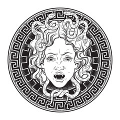 Medusa Gorgon head on a shield hand drawn line art and dot work tattoo or print design isolated vector illustration. Gorgoneion is a protective amulet.