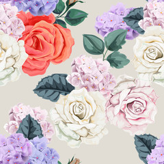 Seamless floral pattern.Rose and hydranyea with leaves