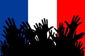 Hands up silhouettes on a France flag. Crowd of fans of soccer, games, cheerful people at a party. Vector banner, card, poster.