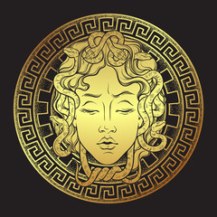 Medusa Gorgon golden head on a shield hand drawn line art and dot work print design isolated vector illustration. Gorgoneion is a protective amulet. © croisy