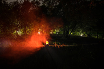 Horror Halloween concept. Burning old oil lamp in forest at night. Night scenery of a nightmare scene.