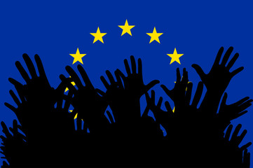 Hands up silhouettes on a European Union flag. Crowd of fans of soccer, games, cheerful people at a party. Vector banner, card, poster.