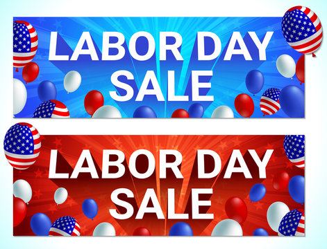 Labor day sale poster flyer banner vector illustration. American flag balloon on blue background design. Labor day celebration concept advertising.
