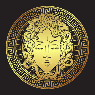 Naklejki Medusa Gorgon golden head on a shield hand drawn line art and dot work print design isolated vector illustration. Gorgoneion is a protective amulet.