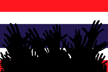 Hands up silhouettes on a Thailand flag. Crowd of fans of soccer, games, cheerful people at a party. Vector banner, card, poster.