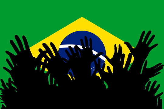 Hands up silhouettes on a Brazil flag. Crowd of fans of soccer, games, cheerful people at a party. Vector banner, card, poster.