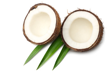 Coconut with green leaves isolated on white background. top view